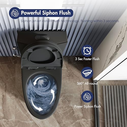 Elongated One Piece Toilet, Dual Flush 1.1/1.6 GPF, Matte Black | ADA Compliant 17" chair height bowl, Powerful siphon dual flush, 12" rough-in, comfort soft closing seat, Matte black toilet - color: Matte Black