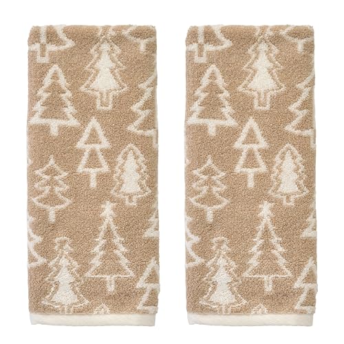 SKL Home Christmas/Winter Mod Tree Hand Towel Set-2pc, 100% Cotton, Tan | 500 GSM. Soft & absorbent. Reversible jacquard pattern. Great for the bathroom, kitchen or bar & holiday gift. - color: Mod Tree (Tan), style: Hand Towel Set