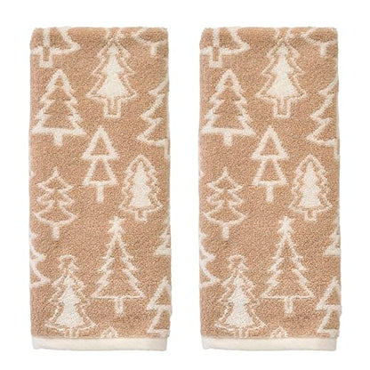 SKL Home Christmas/Winter Mod Tree Hand Towel Set-2pc, 100% Cotton, Tan | 500 GSM. Soft & absorbent. Reversible jacquard pattern. Great for the bathroom, kitchen or bar & holiday gift. - color: Mod Tree (Tan), style: Hand Towel Set