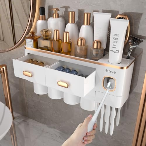 iHave Toothbrush Holders Bathrooms Wall Mount Toothpaste Dispenser & 4 Cups | Elegant White & Gold Bathroom Decor: 4 Cups, 7 Slots, Toothpaste Dispenser, Tray & Drawer Wall Mount Toothbrush Organizer - color: Gold White, size: 4 Cup