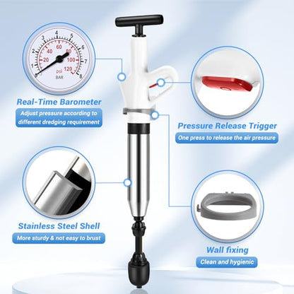 Toilet Plunger, High Pressure Drain Clog Remover, Plungers for Bathroom, Air Drain Unclogger Blaster with Visual Barometer, Toilet Plunger Heavy Duty Powerful Drain Toilet Snake Auger, Sink Plunger