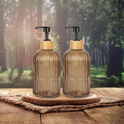 Amber Glass Soap Dispenser with Pump, 2 Pack 13.5oz Vertical Stripe Design Hand Soap Dispenser for Hand Wash, Dish Wash, Elegant Dispenser for Bathroom and Kitchen - color: Striped Amber