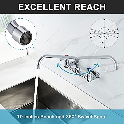 Wall Mount Commercial Sink Kitchen Faucet 8 Inch Adjustable Center | 10 Inch 360 Swivel Spout, Lead-free Brass, For Restaurant Laundry Utility Room, Easy to Install, CUPC NSF Certified - color: A Chrome, size: 10 Inch Spout