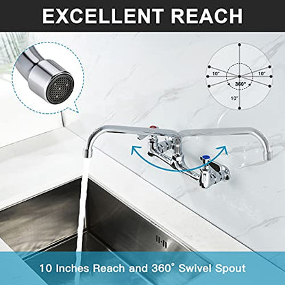 Wall Mount Commercial Sink Kitchen Faucet 8 Inch Adjustable Center | 10 Inch 360 Swivel Spout, Lead-free Brass, For Restaurant Laundry Utility Room, Easy to Install, CUPC NSF Certified - color: A Chrome, size: 10 Inch Spout