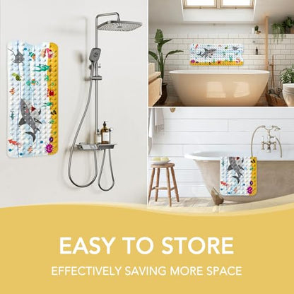 PRATIQUE Kids Bath Mat for Tub Non Slip，40 X 16 Inch Extra Long Kids Bathtub Mat Ocean Bathtub Shower Mat Safety Anti Slip with Suction Cups and Drain Holes, Machine Washable(Shark) - color: Dark Bule