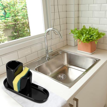 3 in 1 Ceramic Kitchen Sink Caddy Dish Sponge Holder Scrub Brush Holder and Soap Tray for Kitchen Organizer Rustic Farmhouse Supplies(Black) - color: Black