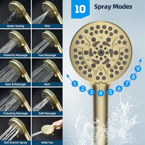 Hibbent All Metal CUPC Certified Shower Head, 10'' High Pressure Rainfall Shower Head, Handheld Showerhead Combo, 12'' Adjustable Extension Arm, 10 Sprays, 71'' Hose, Shower Holder, Brushed Gold - color: Brushed Gold, style: Square 10''