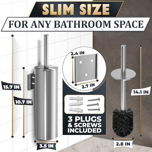 Wall Mounted Toilet Brush and Holder Set, Stainless Steel (Silver) | Stainless Steel Toilet Brush and Holder Set, Removable Inner Bowl, Dense Bristles, Rustproof, for Modern Bathroom Walls - color: Silver Wall-mounted