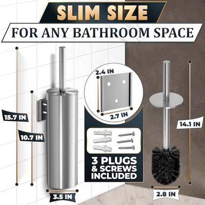 Wall Mounted Toilet Brush and Holder Set, Stainless Steel (Silver) | Stainless Steel Toilet Brush and Holder Set, Removable Inner Bowl, Dense Bristles, Rustproof, for Modern Bathroom Walls - color: Silver Wall-mounted