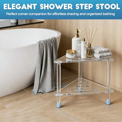 14.3''H Acrylic Corner Shower Stool for Shaving Legs | Clear Waterproof Foot Rest with Storage Shelf, Triangle Bench for Inside Small Spaces & Bath Supplies