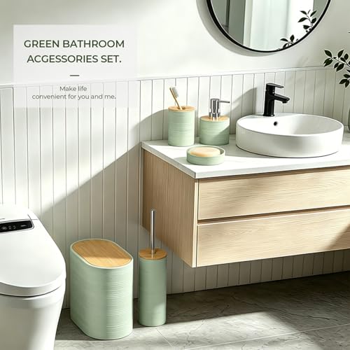 Bathroom Accessory Set, 6-Pcs Green | Trash Can, Soap Dispenser, Toothbrush Holder & Cup, Soap Dish, Toilet Brush - color: Green