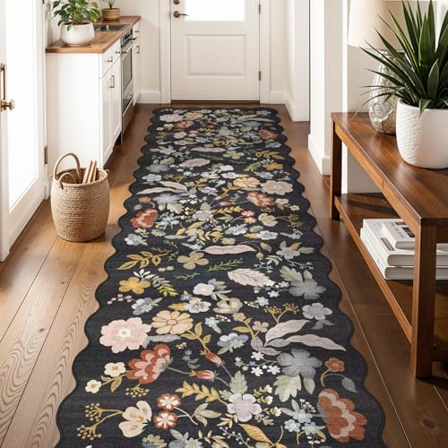 3x10ft Long Hallway Runner Rug: Non-Slip Washable Kitchen Floor Mat Black | Boho Vintage Floral Stain Resistant Area Rug with Rubber Backing Soft Low-Pile Thin Wide Indoor Carpet for Bedroom, Entryway - color: Black, size: 3' x 10' (Runner)