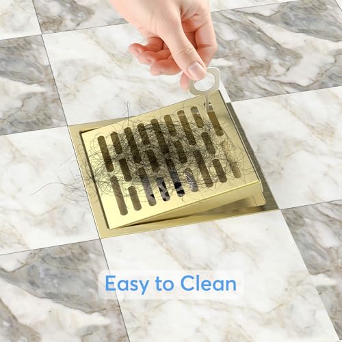 EXF Square Shower Floor Drain 6 Inch Brushed Gold | 304 Stainless Steel, ABS Flange, Anti-Clog, Removable Brick Pattern Drain Cover, with Hair Catcher