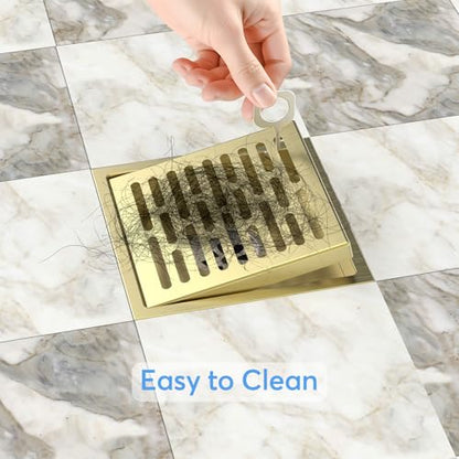 EXF Square Shower Floor Drain 6 Inch Brushed Gold | 304 Stainless Steel, ABS Flange, Anti-Clog, Removable Brick Pattern Drain Cover, with Hair Catcher