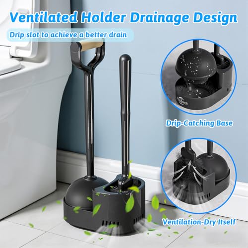 Toilet Brush and Plunger Set, Curved Head Deep Clean, Black 2 Pack | Brush and Plunger set, Curved Nylon Bristles for Deep Clean, Strong Suction Plunger, Ventilated Holder for Quickly Air Dry - color: Black