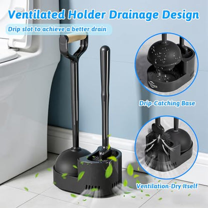 Toilet Brush and Plunger Set, Curved Head Deep Clean, Black 2 Pack | Brush and Plunger set, Curved Nylon Bristles for Deep Clean, Strong Suction Plunger, Ventilated Holder for Quickly Air Dry - color: Black