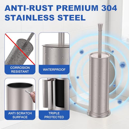 304 Stainless Steel Heavy Duty Toilet Bowl Brush，Removable Inner Bowl and Splash Protection，Bathroom Toilet Brush-Dense Bristles for Through Cleaning - color: Nickel