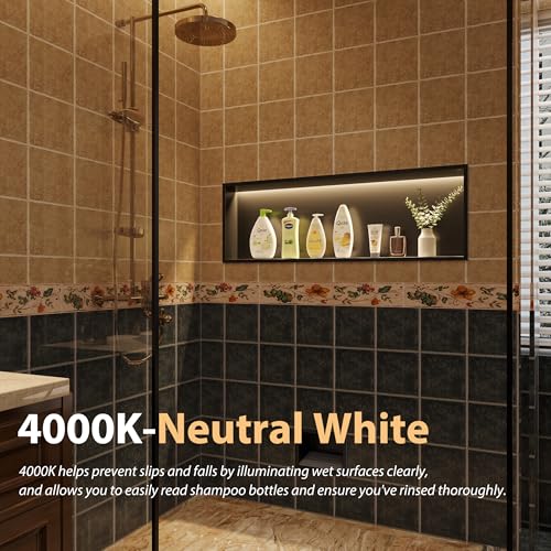 Qeke 36" X 12" Stainless Steel Shower Niche w/ 3 CCT Dimmable Light, Black | No Tile Needed Wall Niche, Recessed Niche w/ Light(3000K/4000K/6000K), IP66 Waterproof, Space Saving & Durable - color: Matte Black, size: 36" X 12"