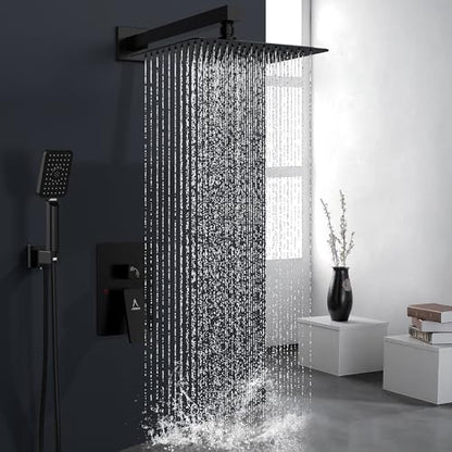 Rain Shower System 10IN Modern Brass Faucet Set With Valve and Diverter Shower Mixer With Handheld High Pressure Square Rainfall Shower Valve (10'' Wall Mount, Matte Black) - color: Matte Black, style: 10'' Wall Mount