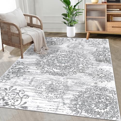 HEBE Area Rug for Entryway 3'x5', Washable Non Slip Boho Bedroom Rug | Soft Entryway Rugs for Living Room, Vintage Distressed Low-Pile Floor Carpet for Hallway, Entrance, Bathroom, Laundry - color: Grey, size: 3' x 5' (Rectangular)