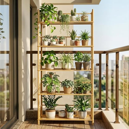 5-Tier Expandable Freestanding Open Bamboo Book Shelf - No-Tool Assembly & Modular,Bathroom Storage Shelf Unit Plant Stand for Small Space, Bedroom, Living Room, Home Office (Natural, 5-Tier WithRail) - color: Natural 5-tier-2