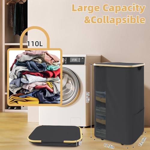 Rolling Laundry Hamper with Lid & Wheels, 110L Slim Double Black Laundry Hamper 2 Section, Narrow Large Laundrys Hampers with Removable Bags&Breathable Mesh, Dirty Clothes Hampers for Bedroom - color: 110L-Black