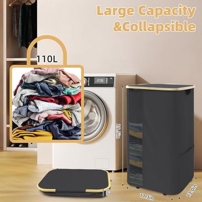 Rolling Laundry Hamper with Lid & Wheels, 110L Slim Double Black Laundry Hamper 2 Section, Narrow Large Laundrys Hampers with Removable Bags&Breathable Mesh, Dirty Clothes Hampers for Bedroom - color: 110L-Black