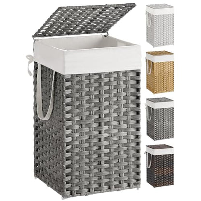 SONGMICS Laundry Hamper with Lid, 17.2 Gallon (65 L) Synthetic Rattan Clothes Laundry Basket with Lid and Handles, Foldable, Removable Liner, Dove Gray ULCB165G01 - color: Dove Gray, size: 65 L
