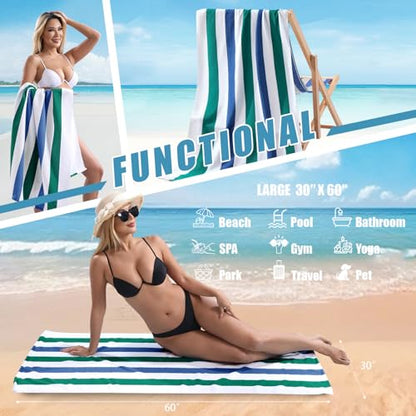 Beach Towel Set-4 Pack 30"x60" Sand Free Stripe Beach Towel for Pool,Bathroom,Soft Absorbent Quick Dry Lightweight Beach Bath Towel,Camping Blanket,Travel Towel,Beach Essentials for Adults,Green/Blue - color: Dark Green/Blue