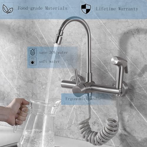 Wall Mount Kitchen Faucet with Side Sprayer, Mixer Tap, 360�� Swivel Spout | 304 Stainless Steel Constructed, Brushed Nickle, Rotatable, 8"" Center - color: Style E