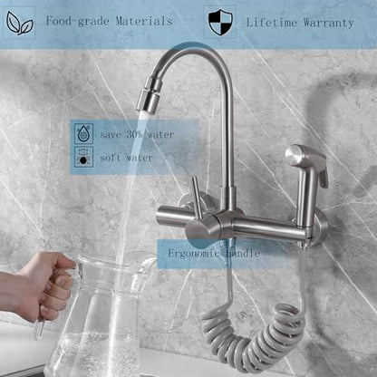 Wall Mount Kitchen Faucet with Side Sprayer, Mixer Tap, 360�� Swivel Spout | 304 Stainless Steel Constructed, Brushed Nickle, Rotatable, 8"" Center - color: Style E