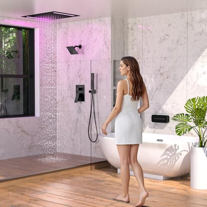 Enga Dual Rain Shower System with Up/Down Waterfall Bathtub Spout, Ceiling Mount 14 x 20 Inch LED Shower Head Rainfall Shower Faucet Set, Matte Black - color: Matte Black, style: 14X20" Led Shower - Tub Spout
