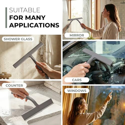 Silicone Shower Squeegee for Glass Doors & Mirrors with Stainless Steel Core, Streak-Free & No-Squeak Window Cleaning, 3-in-1 No-Drill Mount (Hook/Suction/Adhesive),Gray, 11 Inches | Streak-Free & No-Squeak Window Cleaning, Stainless Steel Core, Hook/Suct