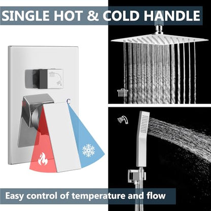 Aolemi Ceiling Shower Faucet with Handheld 12 Inch Head Polish Chrome | Shower Valve and Trim Kit,SUS304 Rain Head and Handle Set System,All Metal,Bathroom, Handheld Spray - color: Chrome, size: 12 Inch Ceiling Shower Head