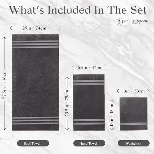 Premium Staple Cotton Bathroom Towel Set - Dark Gray 600 GSM 6-Piece Luxury Bath Towel Set 3 Stripe - 2 Bath Towels, 2 Hand Towels & 2 Washclothes Set - High Absorbent & Quick Dry for Gym, Spa, Hotel - color: Dark Gray - 3 Stripe