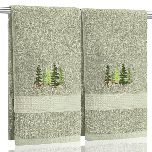 SmoothNovelty 2 Pcs Forest Hand Towels Gray Green Bathroom Decor 14x29 Inch Embroidered 100% Cotton Soft Absorbent Nature Scene Decorative Hand Towels for Bathroom Kitchen - style: Forest