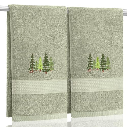 SmoothNovelty 2 Pcs Forest Hand Towels Gray Green Bathroom Decor 14x29 Inch Embroidered 100% Cotton Soft Absorbent Nature Scene Decorative Hand Towels for Bathroom Kitchen - style: Forest