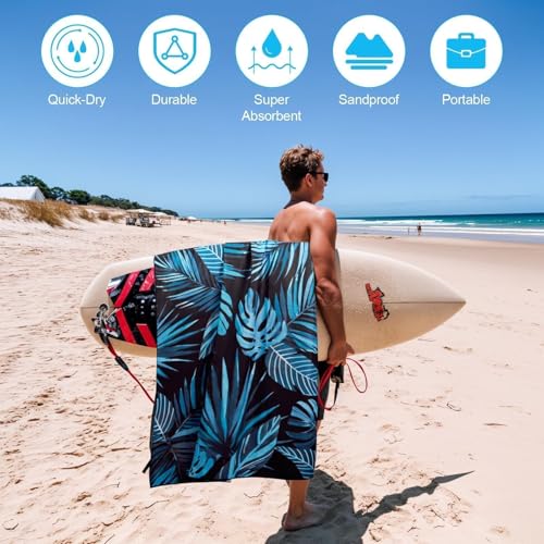 Oversized Microfiber Beach Towel Thin, Blue Black Palm Leaf Double Sided Towel 1PC, Large Soft Sand Free Quick Dry Swim Compact Towels for Men Women Adults, Summer Swim Lake Pool Beach Bath, 35"x71" - style: Blue Black Palm Leaf