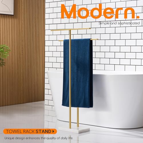 Standing Towel Racks for Bathroom 2-Tier Towel Holder Free Stand with Heavy Marble Base Brushed Gold Thicken Steady Design Stainless Steel AN7005GD - color: Brushed Gold