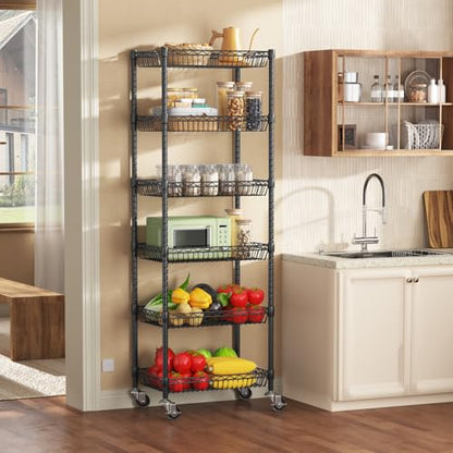 Himimi 6 Tier Rolling Storage Cart, Metal Wire Basket Rack with Wheels, Adjustable Storage Shelves Organizer Shelf for Kitchen Pantry Garage Laundry Room Bathroom, 17" W X 12" D X 63" H, Black - size: 17"W X 12"D X 63"H