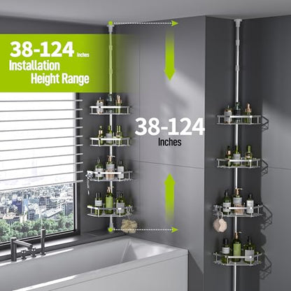 LAMU Corner Shower Caddy Tension Pole, 4-Tier Stainless Steel Organizer | Fits 38-124in Heights, Shower Shelves with No Drilling & Strong Spring Tension, Holds Up to 26lbs, Bathroom, Bathtub, Dorm