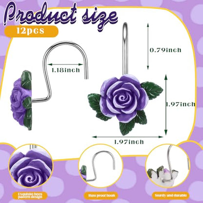 12 Pcs Purple Rose Shower Curtain Hooks Cute Purple Rose Decorative Curtain Rings Bulk Hanger Stainless Steel Resin Spring Flowers Themed Hooks for Bathroom Bedroom Living Room Home Decor - style: Purple Rose