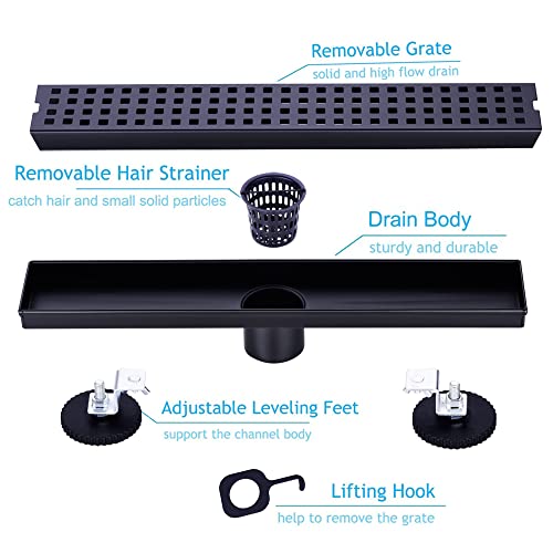 16" SUS304 Linear Shower Drain,Hair Strainer&Adjustable Feet,Matte Black | Nicmondo,2"US Standard Outlet,Sloped channel & checkered grate for fast anti-pooling drainage,indoor & outdoor multi-scene