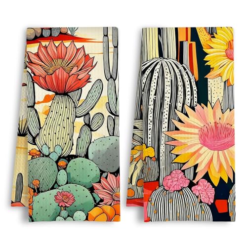 Vibrant Western Floral Cactus Kitchen Towels, Boho Desert Landscape Dish Tea Towels, Southwestern Saguaro Plants Decorative Hand Towel for Kitchen Bathroom, 16x24 Inch Set of 2 - color: Western Cactus