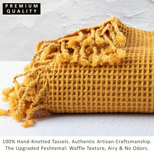PÜSKÜL 2-Piece Luxury Natural 100% Turkish Cotton Beach Towels Waffle Weave | Mustard, Oversize 35x70" Bath Sheet Towel Lightweight Soft Absorbent Quick-Dry Sand-Free Peshtemal Oeko-Tex Made in Turkey - color: Mustard Yellow