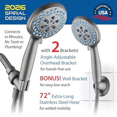 AquaCare New 8-mode High Pressure Handheld Shower Head w/ 2-way Power Wash | Stay Clean Nozzles, Dual Power Wash for Tub, Tile & Pets, Long 6 ft. Stainless Steel Hose, Wall & Overhead Brackets / Modern - color: Modern