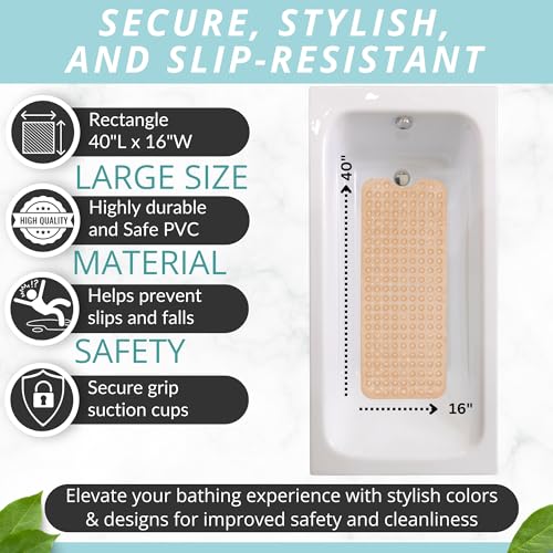 ENKOSI Non-Slip Bath & Shower Mat 40x16 Extra Long, Suction & Drain Holes | Beige color; Durable PVC; 40x16 in, Beige - color: Beige Opaque