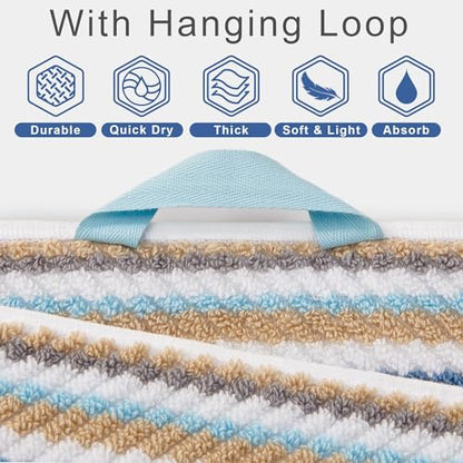 VOOVA & MOVAS Striped Towels 6 Pack, 100% Cotton, Blue Gray Beige | Household & Guest Bathroom, Available in 13x13, 16x27, 28x52 In, Quick Dry, Soft, Absorbent, Bath Towels with Hanging Loops - color: Blue + Gray + Beige Striped, size: 6 PCS Bathroom Towe