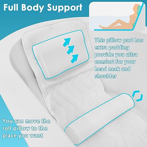 AEROiVi Full Body Bath Pillow with Lumbar Pillow Bathtub Cushion with 14 Suction Cups 3D Air Mesh Fit Any Tub Luxury Bathroom Accessories | Relaxing Soft Bathtub Cushion with laundry bag 3D Air Mesh Fit Any Tub Bathroom Accessories Washable Quick-Dry - si