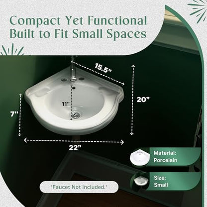 Renovators Supply Manufacturing Portsmouth 22 Inch Corner Wall Mount Bathroom Sink White Grade A Vitreous China Space Saving Floating Lavatory with Overflow 4 Inch Centerset Faucet Sink Only